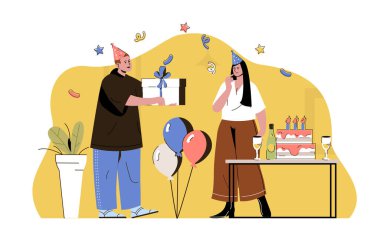 Surprise party concept. Man giving gift box to woman, couple at festive event situation. Birthday celebration people scene. Vector illustration with flat character design for website and mobile site