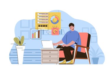 Work from home concept. Employee works online, freelance at home office situation. Comfortable remote workplace people scene. Vector illustration with flat character design for website and mobile site