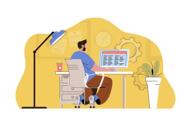 Work optimization concept. Man creates schedule, planning processes and tasks situation. Time management people scene. Vector illustration with flat character design for website and mobile site