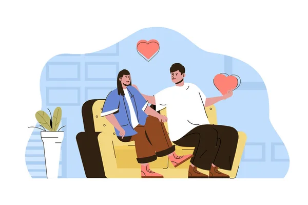 Romantic evening concept. Man and woman talks sitting on couch and situation. Loving couple spend time together people scene. Vector illustration with flat character design for website and mobile site — Stock Vector