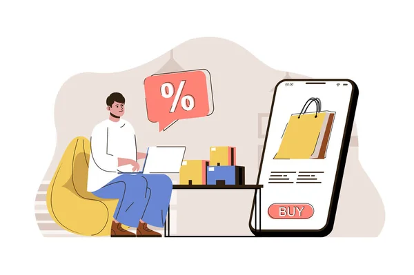Seasonal discount concept. Man buying goods on sale using laptop situation. Online shopping in mobile app people scene. Vector illustration with flat character design for website and mobile site — Vettoriale Stock
