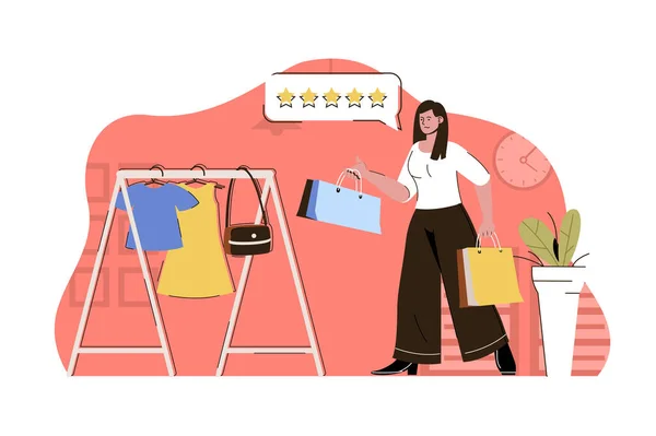 Shopping time concept. Woman buys clothes in boutique situation. Buyer makes purchases clothing in store people scene. Vector illustration with flat character design for website and mobile site — Stok Vektör