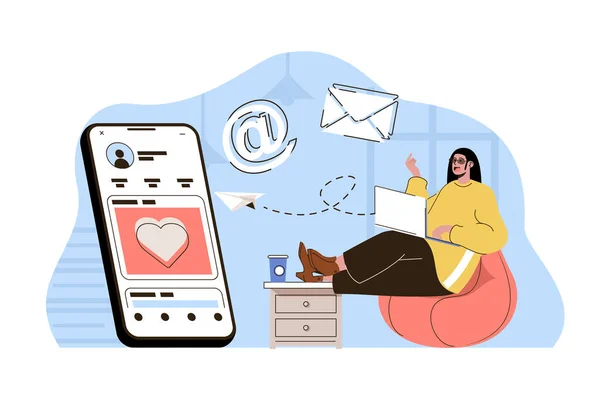 Social media marketing concept. Woman making promotional mailing situation. Online promotion mobile app people scene. Vector illustration with flat character design for website and mobile site — Stok Vektör