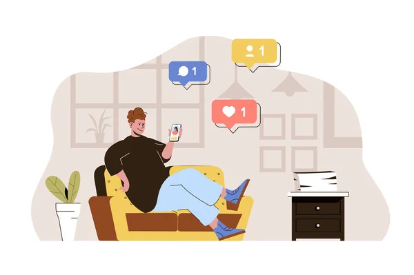 Social network concept. Man browsing posts, likes and comments at smartphone situation. Online communication people scene. Vector illustration with flat character design for website and mobile site - Stok Vektor