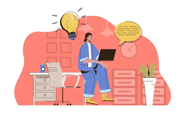 Startup coworking concept. Employee works at laptop with creative ideas situation. Businesswoman in open office people scene. Vector illustration with flat character design for website and mobile site — Stockový vektor