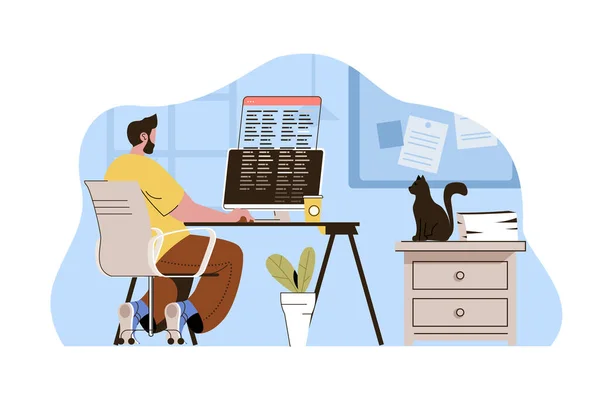 Successful freelancer concept. Man working on computer on project situation. Financially success business people scene. Vector illustration with flat character design for website and mobile site — Διανυσματικό Αρχείο