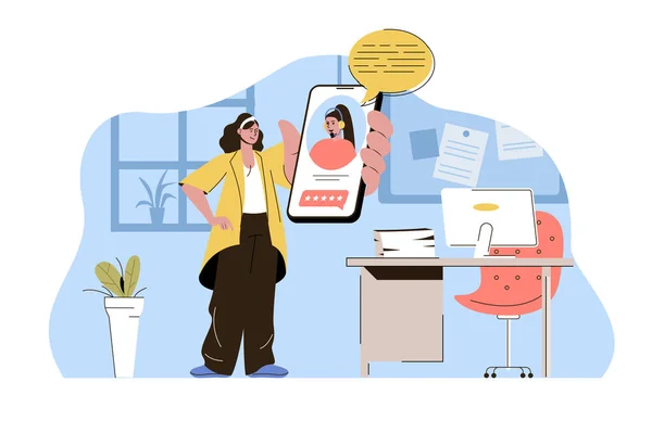 Support service concept. Woman calling customer service situation. Client communicates online with operator people scene. Vector illustration with flat character design for website and mobile site — Διανυσματικό Αρχείο
