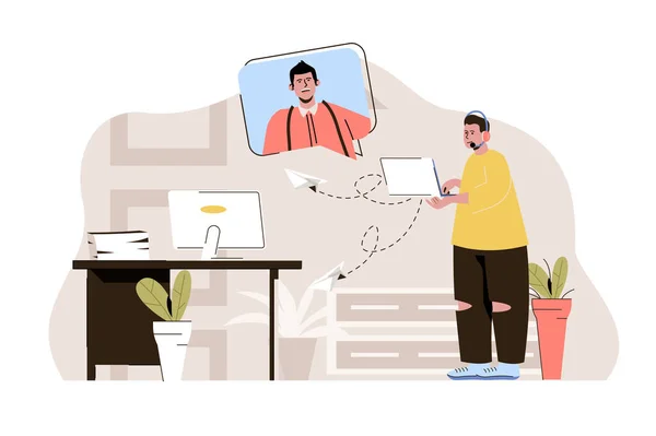 Tech support concept. Operator call center consults man in video chat situation. Solving technical problems people scene. Vector illustration with flat character design for website and mobile site — Vetor de Stock