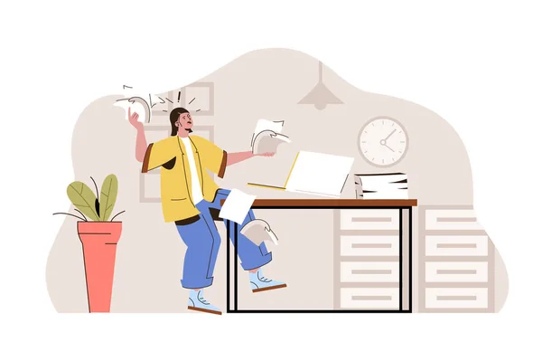 Time management concept. Employee scattered documents, hurries to finish work on time situation. Stress at work people scene. Vector illustration with flat character design for website and mobile site — Archivo Imágenes Vectoriales