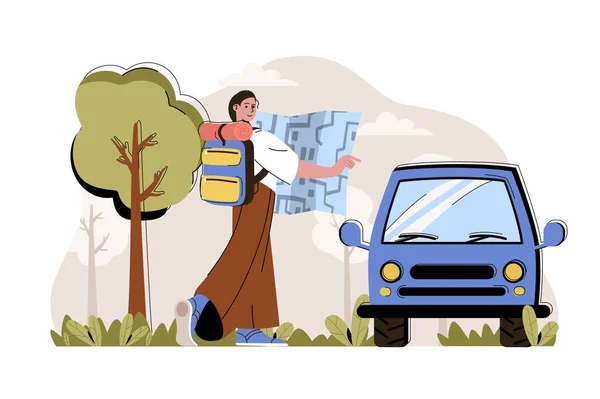 여행 인상 개념. 가방을 든 여자는 차를 타고 여행을 떠난다. 휴가, 관광, 모험을 즐기는 사람들의 모습. 웹 사이트 및 모바일 사이트를 위한 플랫 문자 설계와 함께 벡터 삽화 — 스톡 벡터