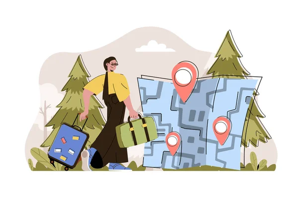 Travel vacation concept. Happy woman with luggage goes to rest at resort situation. Weekend trip and tourism people scene. Vector illustration with flat character design for website and mobile site —  Vetores de Stock