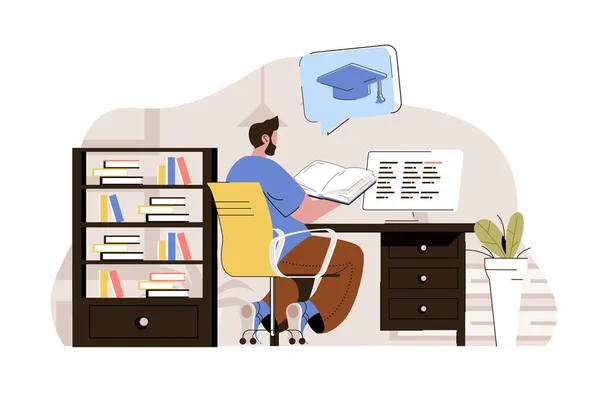 University education concept. Student reads book, preparing for final exams situation. Graduation and diploma people scene. Vector illustration with flat character design for website and mobile site — Stockový vektor