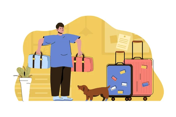 Vacation preparation concept. Man packing things and clothes in suitcases and going on trip situation. Travel people scene. Vector illustration with flat character design for website and mobile site — Vector de stock