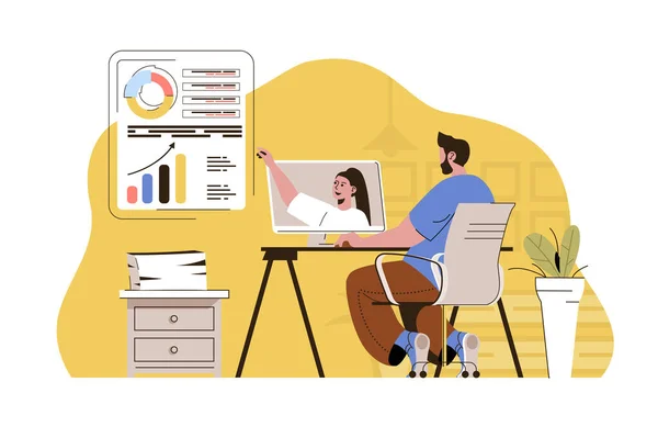 Video conference concept. Man discussing report with colleague via video chat situation. Remote work online people scene. Vector illustration with flat character design for website and mobile site - Stok Vektor