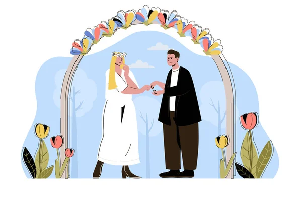 Концепция свадебной церемонии. Обмен кольцами жениха и невесты, пара выходит замуж. любовные отношения между людьми. векторная иллюстрация с плоским дизайном персонажей для сайта и мобильного сайта — стоковый вектор