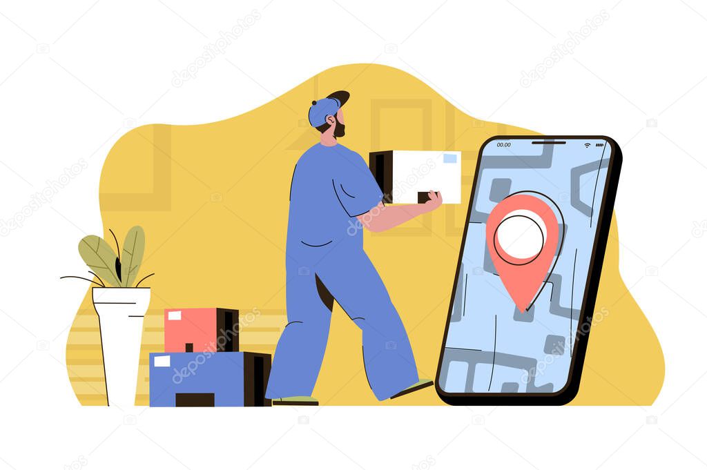 Smart delivery concept. Courier holds parcel, express delivering to client situation. Services in mobile app people scene. Vector illustration with flat character design for website and mobile site