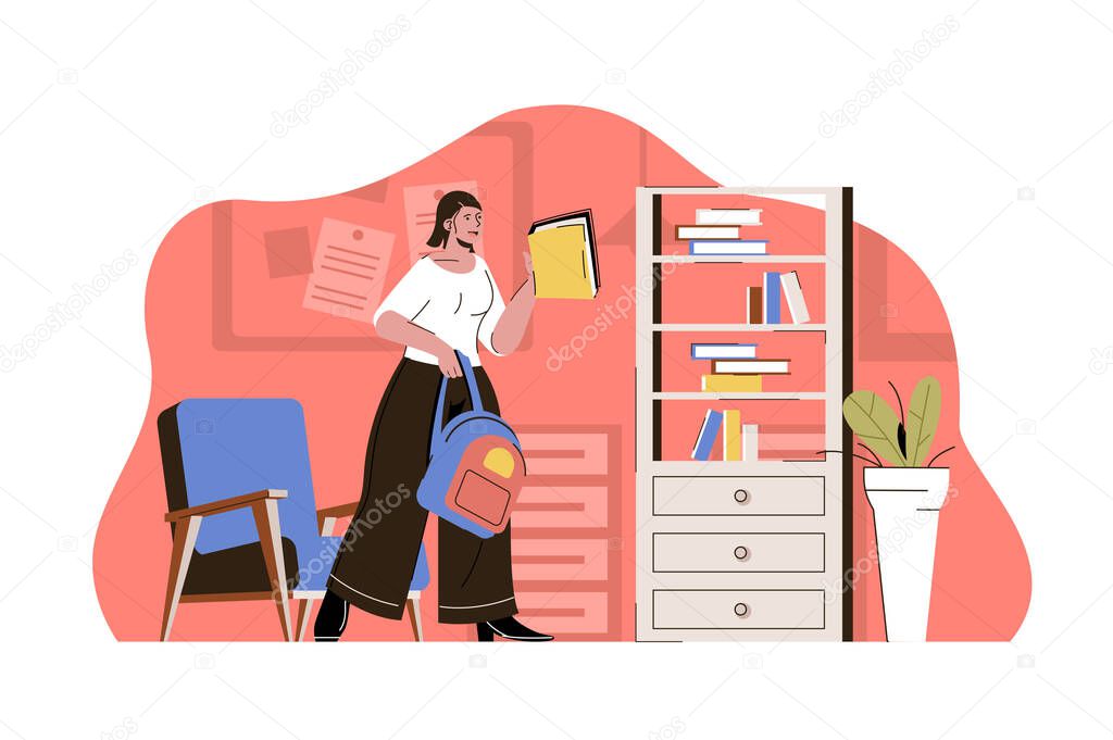 Vocational school concept. Student studies, rushes to classes, gets professional skills situation. Education people scene. Vector illustration with flat character design for website and mobile site