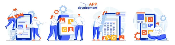 App development concept set. Creation app layout, places of interface elements. People isolated scenes in flat design. Vector illustration for blogging, website, mobile app, promotional materials. — Stock Vector