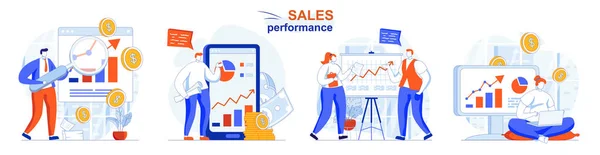 Sales performance concept set. Statistics analysis, data analytics, income growth. People isolated scenes in flat design. Vector illustration for blogging, website, mobile app, promotional materials. — Stock Vector