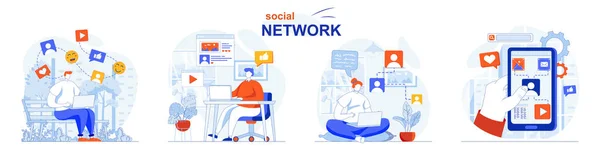 Set di concetti di social network. Gli utenti che navigano nei feed, pubblicare foto, come, commento. Persone isolate scene in design piatto. Illustrazione vettoriale per blogging, sito web, app mobile, materiale promozionale. — Vettoriale Stock