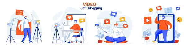 Conjunto de conceptos de video blogging. Los bloggers graban videos, crean contenido digital. Personas escenas aisladas en diseño plano. Ilustración vectorial para blogging, sitio web, aplicación móvil, materiales promocionales. — Vector de stock