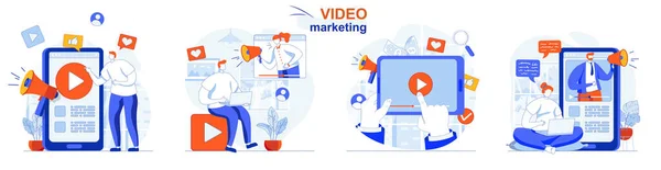 Conjunto de conceito de marketing de vídeo. Criação de conteúdo publicitário, promoção de vídeo blog. Pessoas cenas isoladas em design plano. Ilustração vetorial para blogs, site, aplicativo móvel, materiais promocionais. — Vetor de Stock