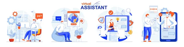Virtual assistant concept set. Clients write to chats and calls to operators. People isolated scenes in flat design. Vector illustration for blogging, website, mobile app, promotional materials. — ストックベクタ