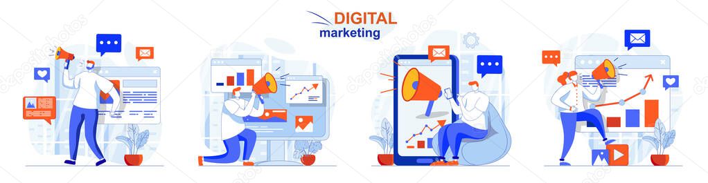 Digital marketing concept set. Online promotion, data analytics and advertising. People isolated scenes in flat design. Vector illustration for blogging, website, mobile app, promotional materials.