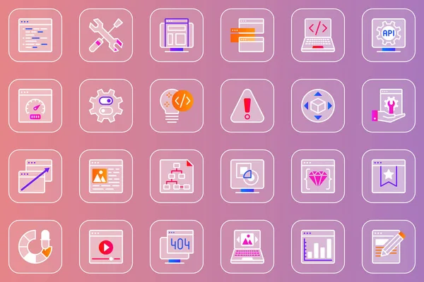 Conjunto de iconos glassmorphic de desarrollo web. Pack bosquejo pictogramas de ajustes, código, velocidad, ordenador, SEO optimización, programación, interfaz, multimedia, software y otros. Vector línea de símbolos de vidrio — Archivo Imágenes Vectoriales