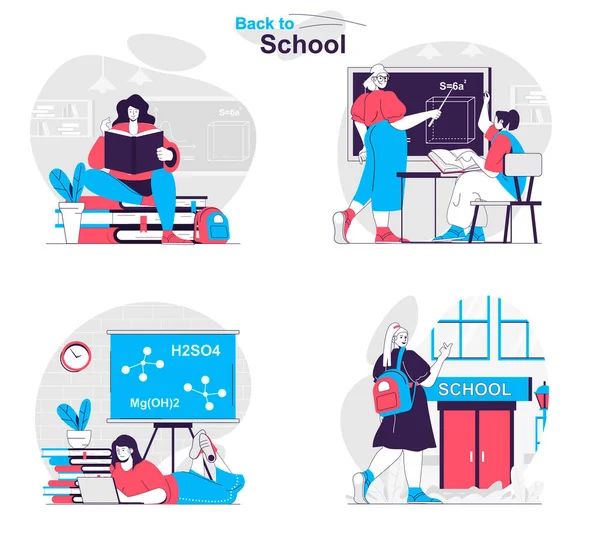 Zurück zum Schulkonzept. Die Schüler lesen Bücher, antworten im Unterricht, machen Hausaufgaben. Menschen isolierten Szenen in flachem Design. Vektor-Illustration für Blogging, Website, mobile App, Werbematerialien. — Stockvektor