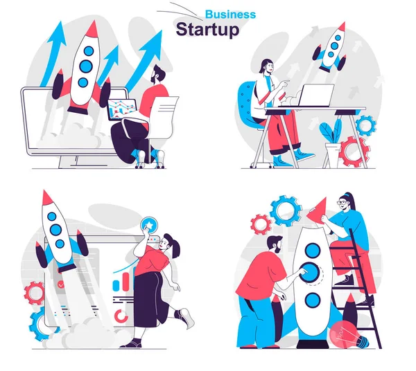 Conjunto de concepto de startup empresarial. Lanzamiento exitoso de nuevo proyecto, desarrollo de la empresa. Personas escenas aisladas en diseño plano. Ilustración vectorial para blogging, sitio web, aplicación móvil, materiales promocionales. — Vector de stock