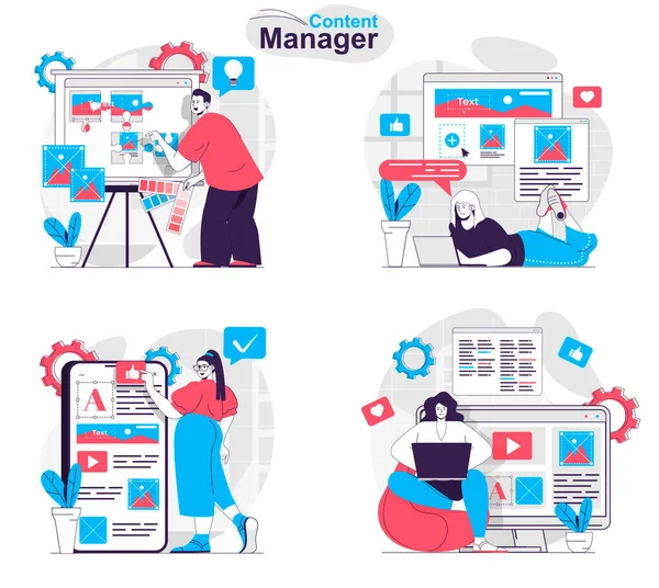 Content-Manager-Konzept eingestellt. Erstellung von Bildern und Texten zum Ausfüllen von Webseiten-Layouts. Menschen isolierten Szenen in flachem Design. Vektor-Illustration für Blogging, Website, mobile App, Werbematerialien. — Stockvektor