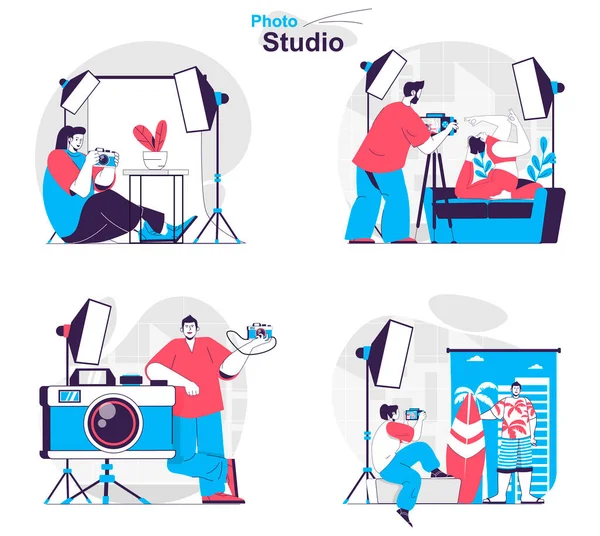 Photo studio concept set. Photographers do photo shoots in professional studio. People isolated scenes in flat design. Vector illustration for blogging, website, mobile app, promotional materials. — Stock Vector