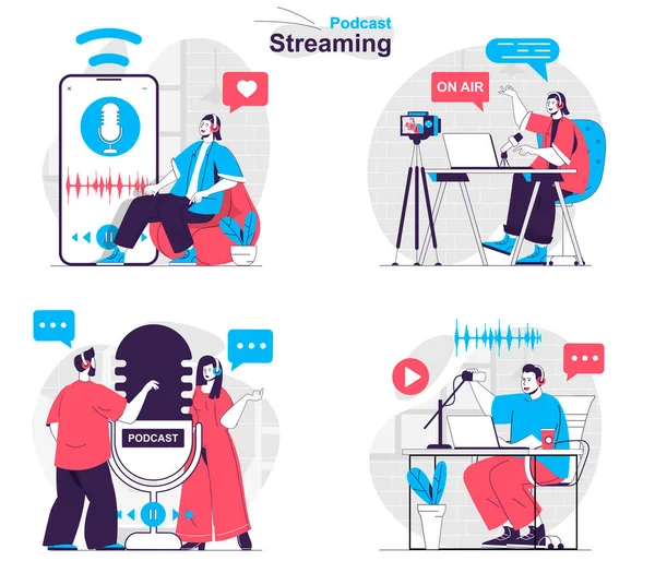 Conjunto de conceitos de streaming de podcast. Apresenta podcasts de gravação e conversas em estúdio. Pessoas cenas isoladas em design plano. Ilustração vetorial para blogs, site, aplicativo móvel, materiais promocionais. — Vetor de Stock