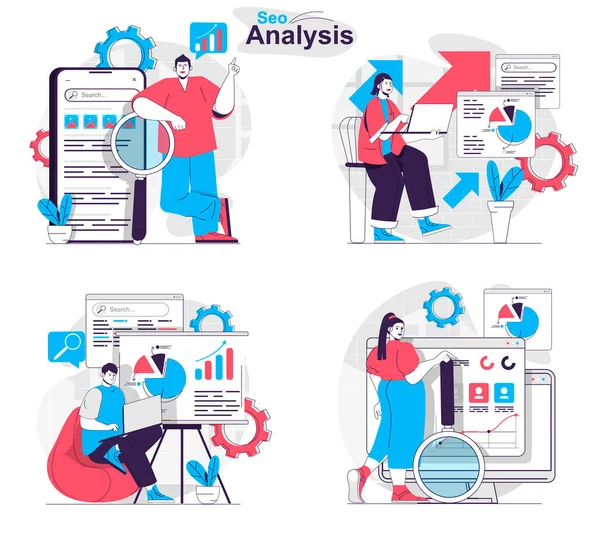 Koncept Seo analýzy nastaven. Analytici výzkum statistiky, klíčová slova, optimalizovat vyhledávání. Lidé izolovali scény v plochém designu. Vektorová ilustrace pro blogování, webové stránky, mobilní aplikace, propagační materiály. — Stockový vektor