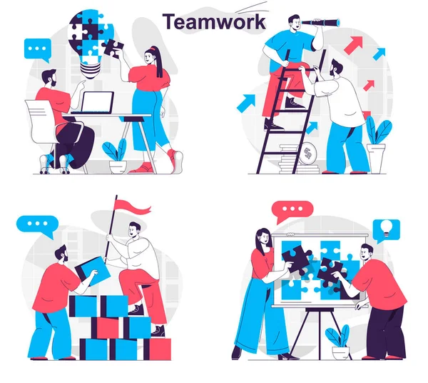 Teamwork concept set. Colleagues work, brainstorming, building, develop together. People isolated scenes in flat design. Vector illustration for blogging, website, mobile app, promotional materials. — Stock Vector