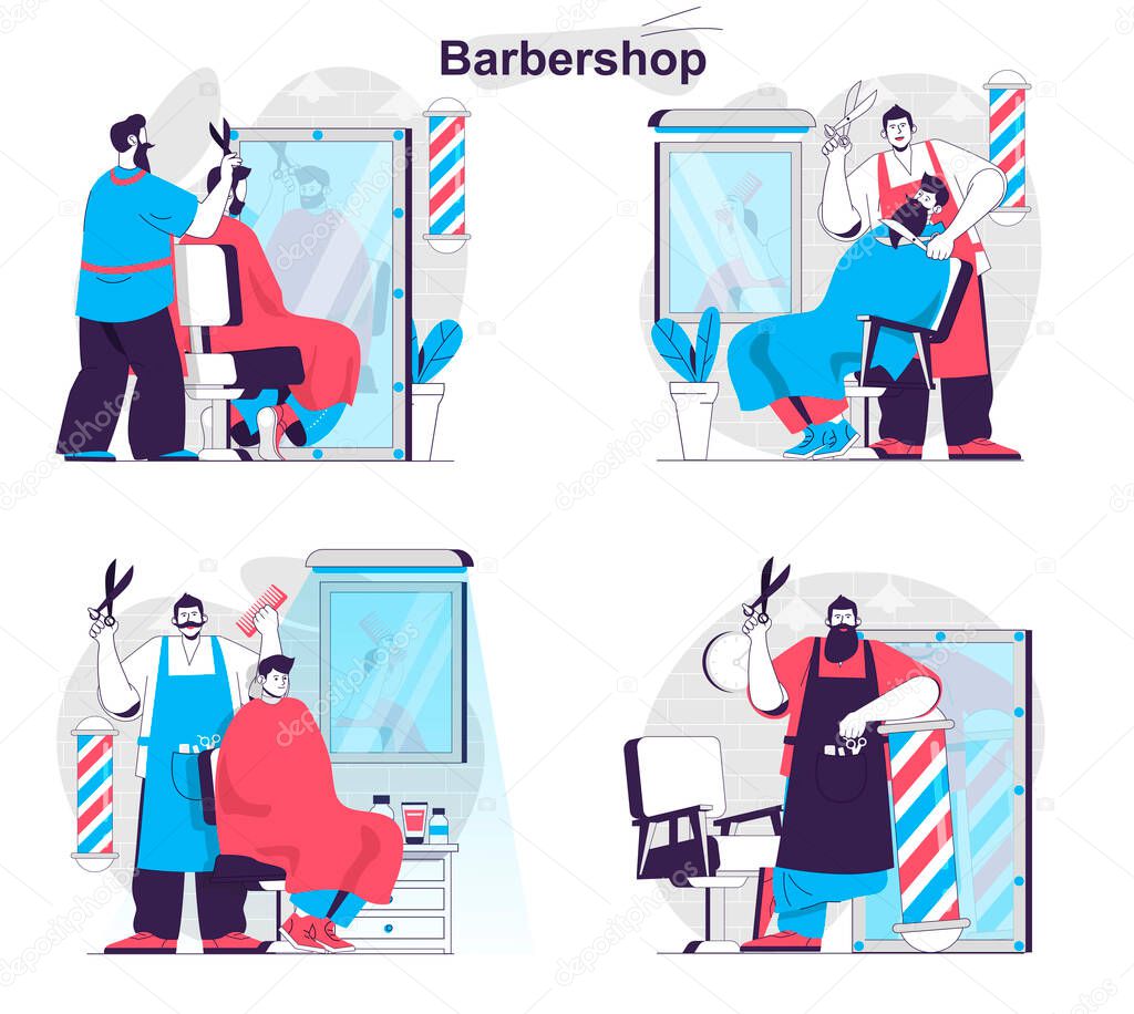 Barbershop concept set. Hairdresser makes men hairstyles, shaves and cares beard. People isolated scenes in flat design. Vector illustration for blogging, website, mobile app, promotional materials.