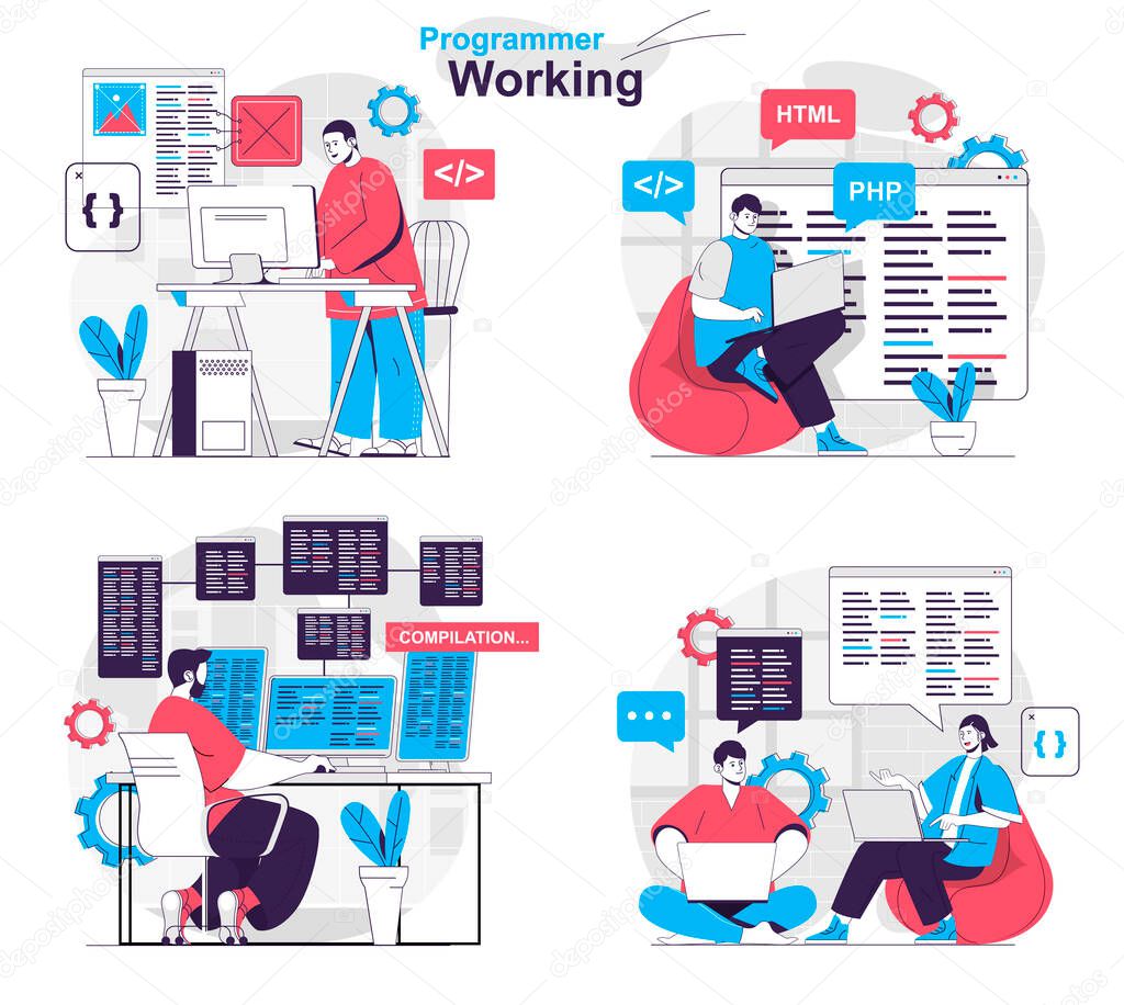 Programmer working concept set. Developer creates software and tests programs. People isolated scenes in flat design. Vector illustration for blogging, website, mobile app, promotional materials.