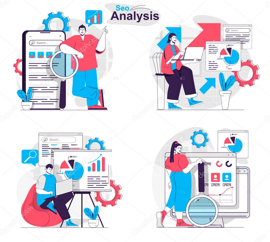 Seo analysis concept set. Analysts research statistics, keywords, optimize search. People isolated scenes in flat design. Vector illustration for blogging, website, mobile app, promotional materials.