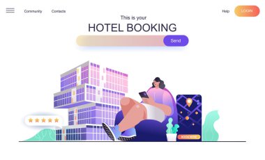 İniş sayfası için otel web sitesi konsepti. Seyahat planlayan ve mobil uygulama, dinlenme ve seyahat afişi kullanarak ev ya da oda kiralayan bir kadın. Düz çizgi film tasarımında web sayfası için vektör illüstrasyonu