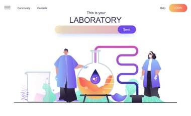 İniş sayfası için laboratuvar web konsepti. Erkek ve kadın bilim adamları test yapıyorlar, molekülleri araştırıyorlar ya da yeni ilaç afişi kalıpları geliştiriyorlar. Düz çizgi film tasarımında web sayfası için vektör illüstrasyonu