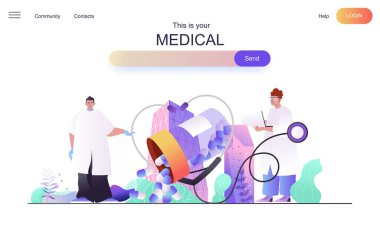 İniş sayfası için tıbbi web konsepti. Doktorlar hastalara teşhis koyuyor ve reçeteler, sağlık hizmetleri, eczane pankartındaki ilaçlar yazıyor. Düz çizgi film tasarımında web sayfası için vektör illüstrasyonu