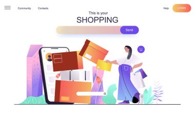 İniş sayfası için alışveriş sitesi konsepti. Cep telefonu uygulaması kullanarak alışveriş yapan kadın, indirimli afiş şablonuyla online alışveriş. Düz çizgi film tasarımında web sayfası için vektör illüstrasyonu