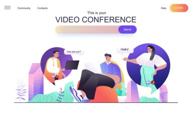 İniş sayfası için video konferans web konsepti. Arkadaşlarıyla görüntülü konuşma, evdeki afiş şablonundaki dizüstü bilgisayarla online arama yapma. Düz çizgi film tasarımında web sayfası için vektör illüstrasyonu