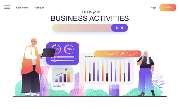 비즈니스 활동 웹 컨셉: 착륙 페이지. 사업가와 사업가는 프로젝트를 개발하고, 데이터를 분석하고, 전략 플래그 템플릿을 계획한다. 평면 만화 디자인의 웹 페이지에 대한 벡터 삽화 — 스톡 벡터