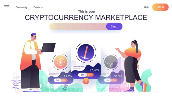 Concepto web de mercado criptomoneda para landing page. Hombre y mujer comprar o vender dinero criptográfico, minería bitcoins, hacer dinero plantilla de banner. Ilustración vectorial para página web en diseño plano de dibujos animados — Vector de stock