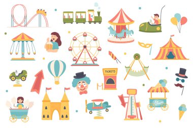 Eğlence parkı izole nesneler kuruldu. Atlıkarınca koleksiyonu, eğlence, lunapark treni, patlamış mısır, palyaço, çocuklar, pamuk şeker, dondurma. Düz çizgi filmdeki tasarım elementlerinin vektör illüstrasyonu
