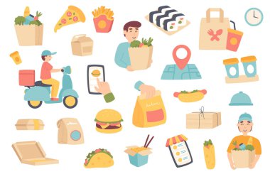 Gıda teslimatı izole nesneler. Kurye koleksiyonu, market poşeti, pizza, hamburger, suşi, kahve, mobil uygulama ve izleme. Düz çizgi filmdeki tasarım elementlerinin vektör illüstrasyonu