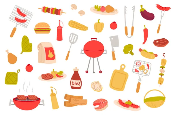 Set di oggetti isolati per picnic barbecue. Raccolta di barbecue, cottura di piatti di carne, salsiccia, bistecca, kebab, verdura, hot dog, senape, ketchup. Illustrazione vettoriale di elementi di design in cartone animato piatto — Vettoriale Stock