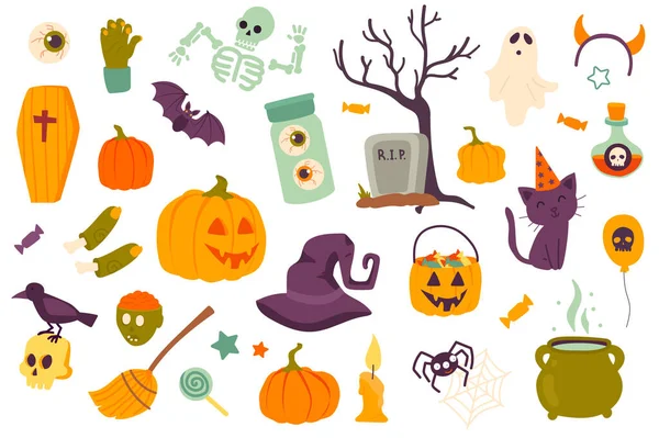 Halloween vacances objets isolés ensemble. Collection de citrouille, cimetière, chapeau de sorcière, bonbons, chat, squelette, chauve-souris, cercueil, zombie, araignée, fantôme. Illustration vectorielle des éléments de design dans un dessin animé plat — Image vectorielle